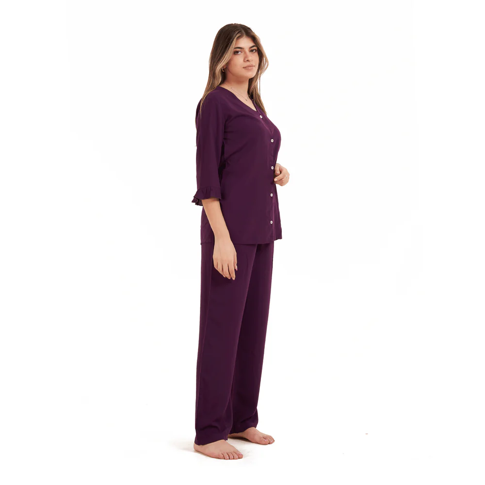 Women summer pajama set Purple Buttoned Shirt with Ruffled Sleeves shirt + Pants - Image 3