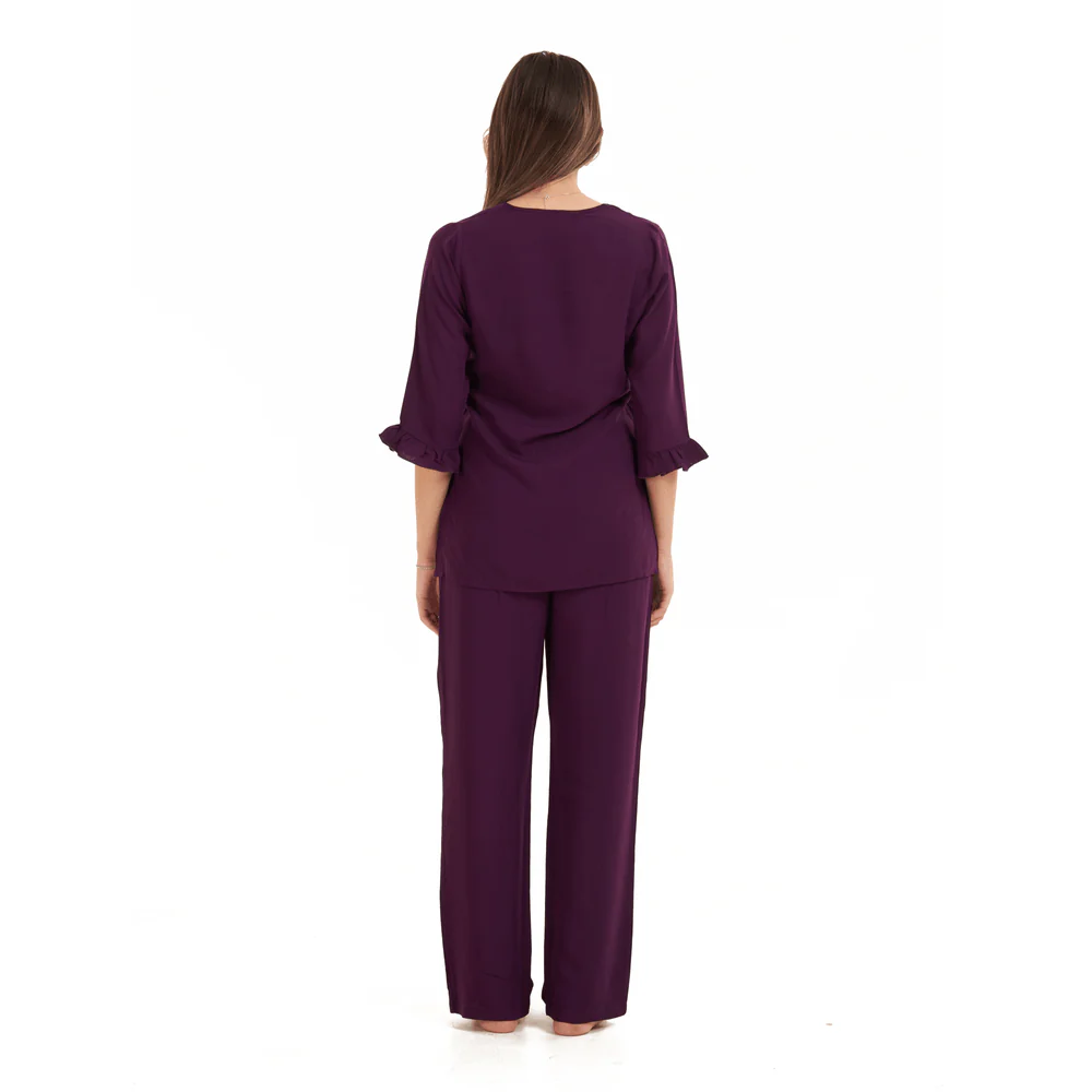 Women summer pajama set Purple Buttoned Shirt with Ruffled Sleeves shirt + Pants - Image 4