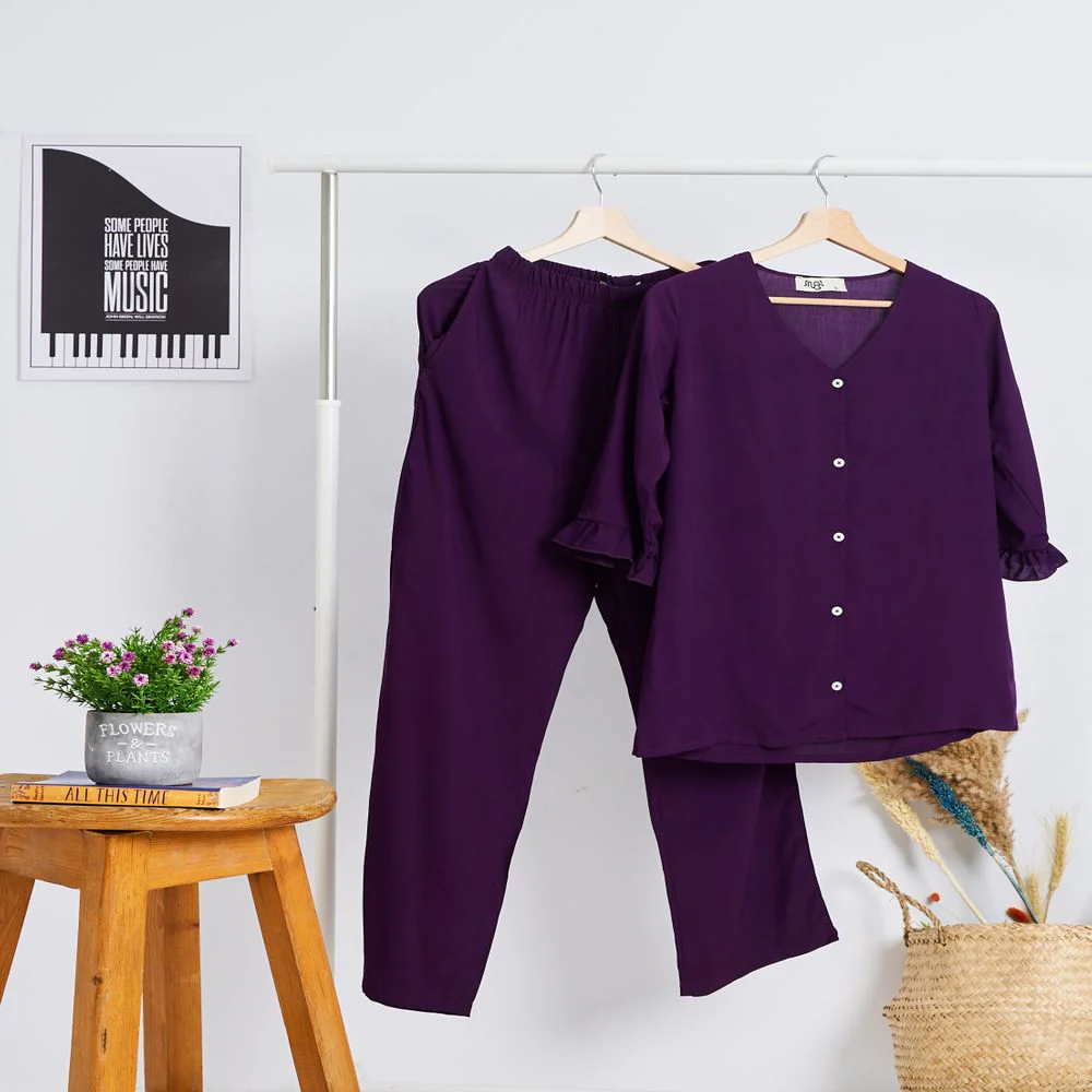 Women summer pajama set Purple Buttoned Shirt with Ruffled Sleeves shirt + Pants - Image 5