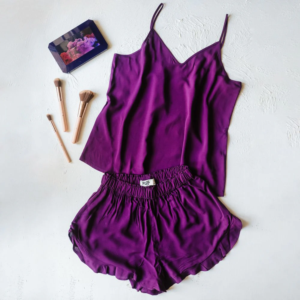 Women summer pajama set Purple top + shorts