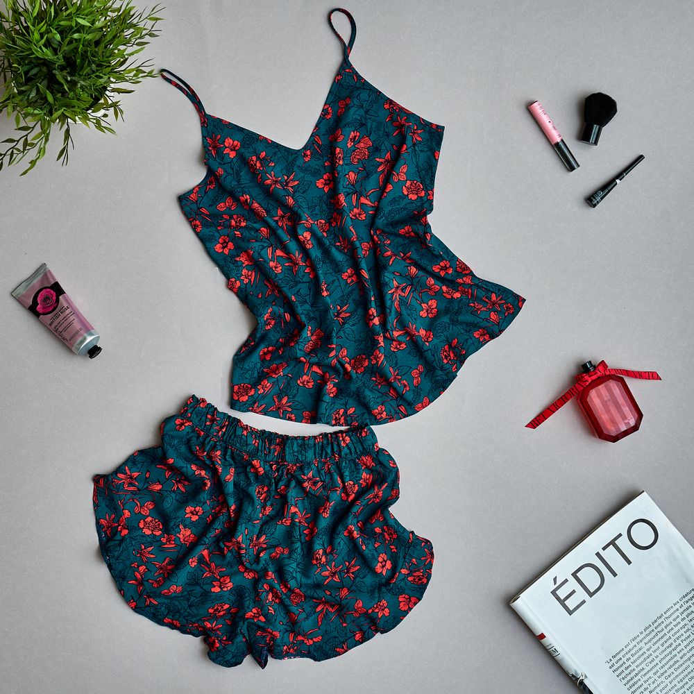 Women summer pajama set Red flowered top + ruffles shorts