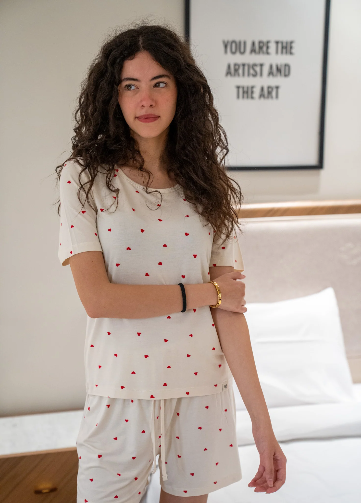 Women Summer Pajama set Red Hearts T-shirt + Shorts