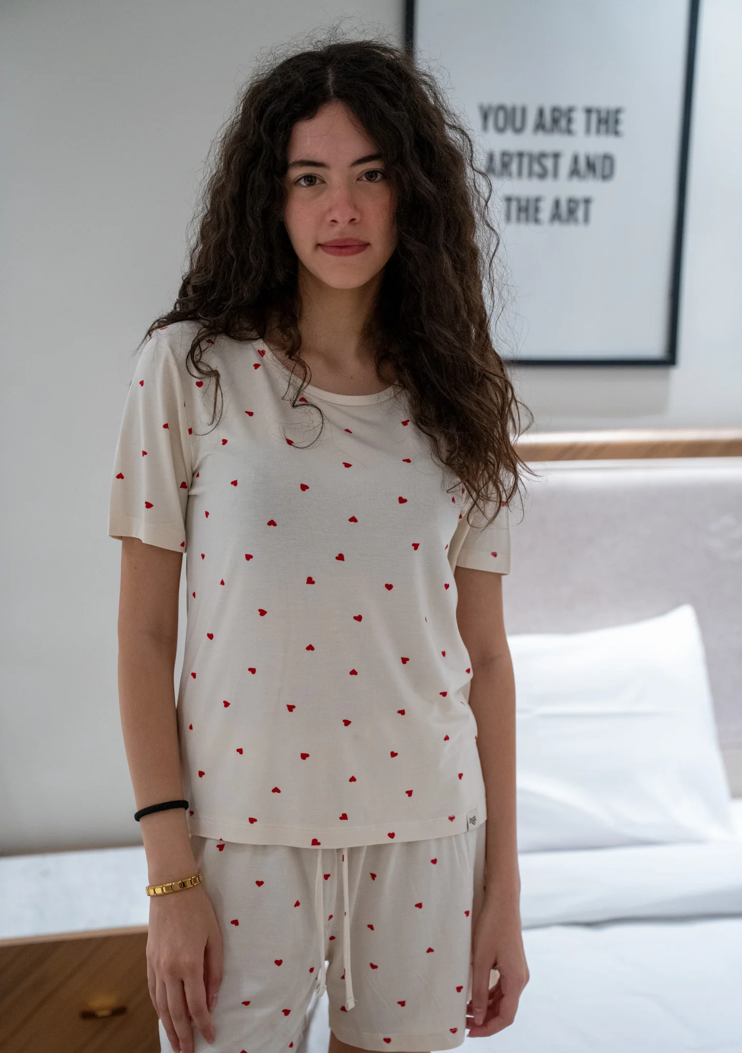 Women Summer Pajama set Red Hearts T-shirt + Shorts - Image 3