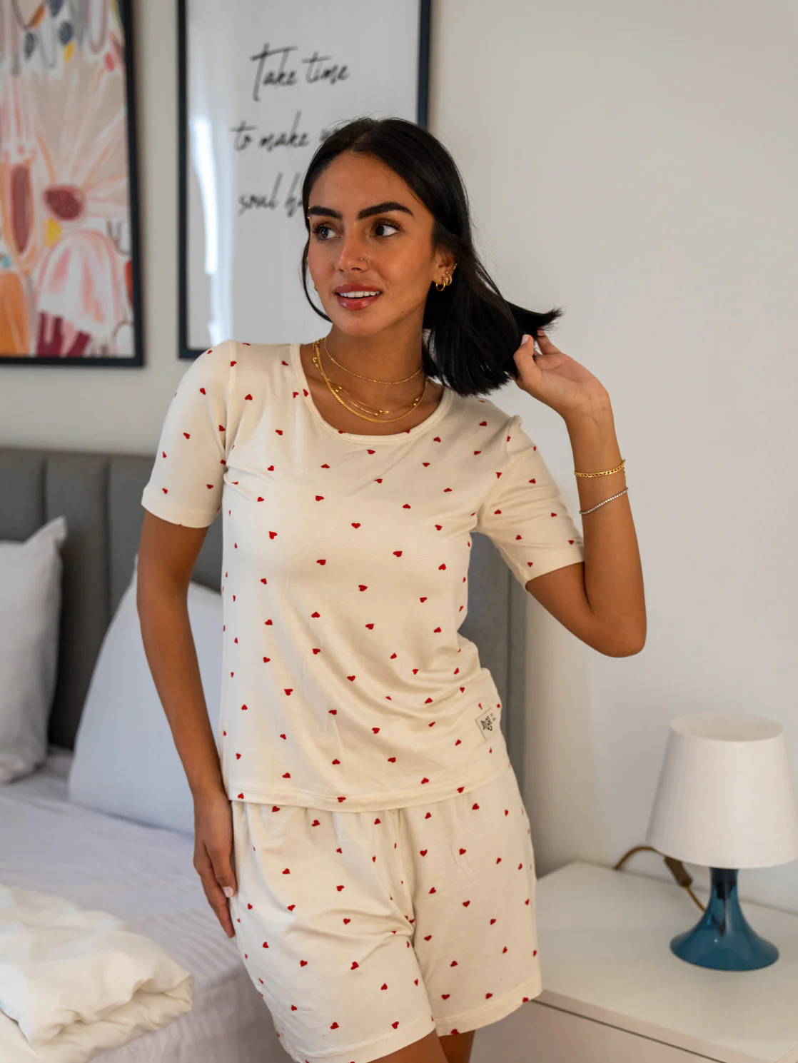 Women Summer Pajama set Red Hearts T-shirt + Shorts - Image 5