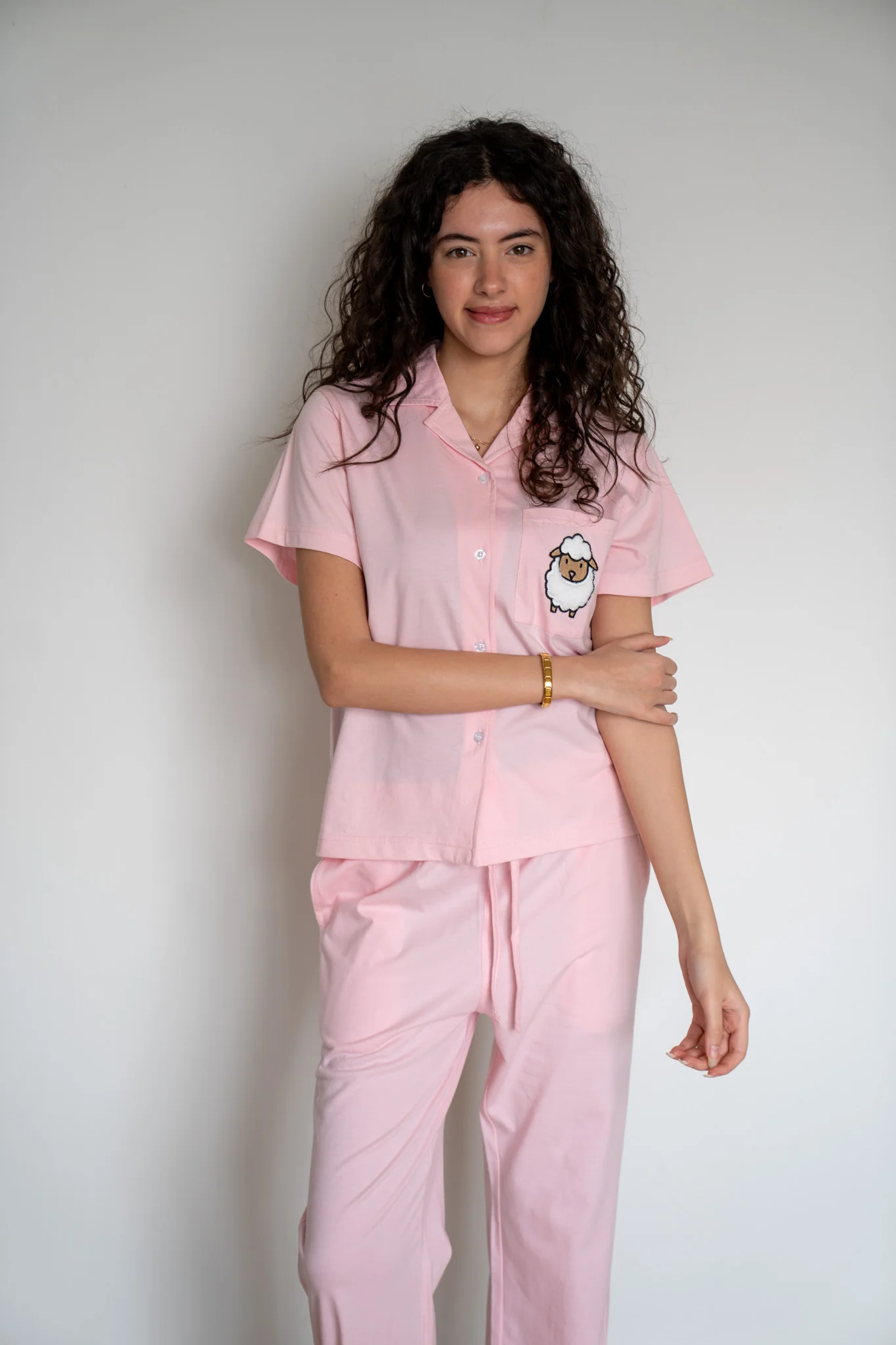 Women Summer Sheep PJ Set Rose Buttoned Shirt + Pants - Image 3