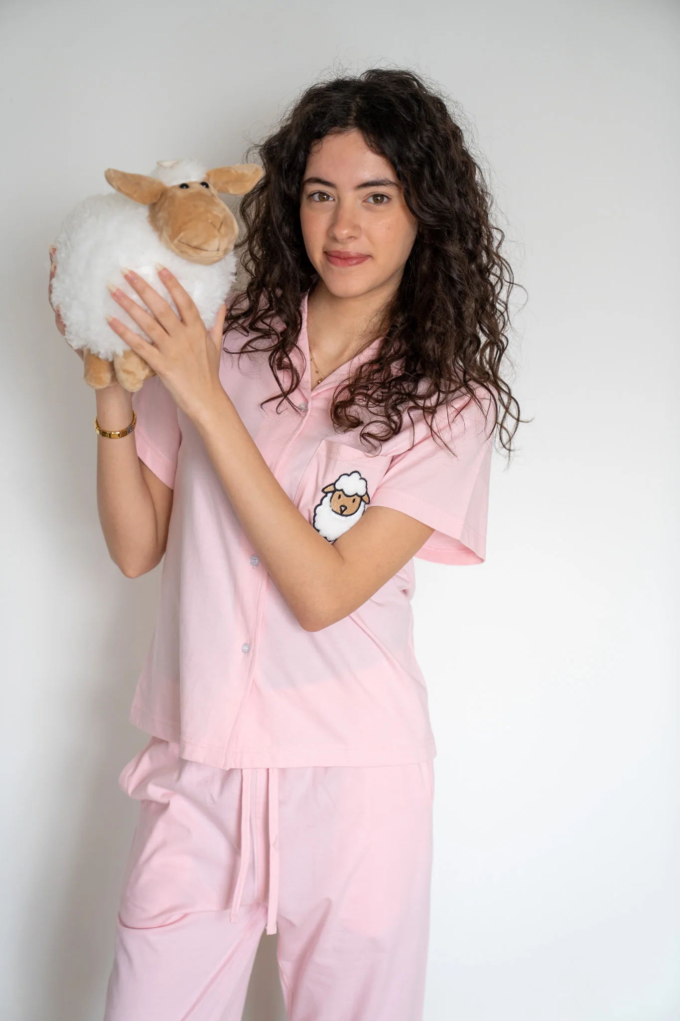 Women Summer Sheep PJ Set Rose Buttoned Shirt + Pants - Image 4
