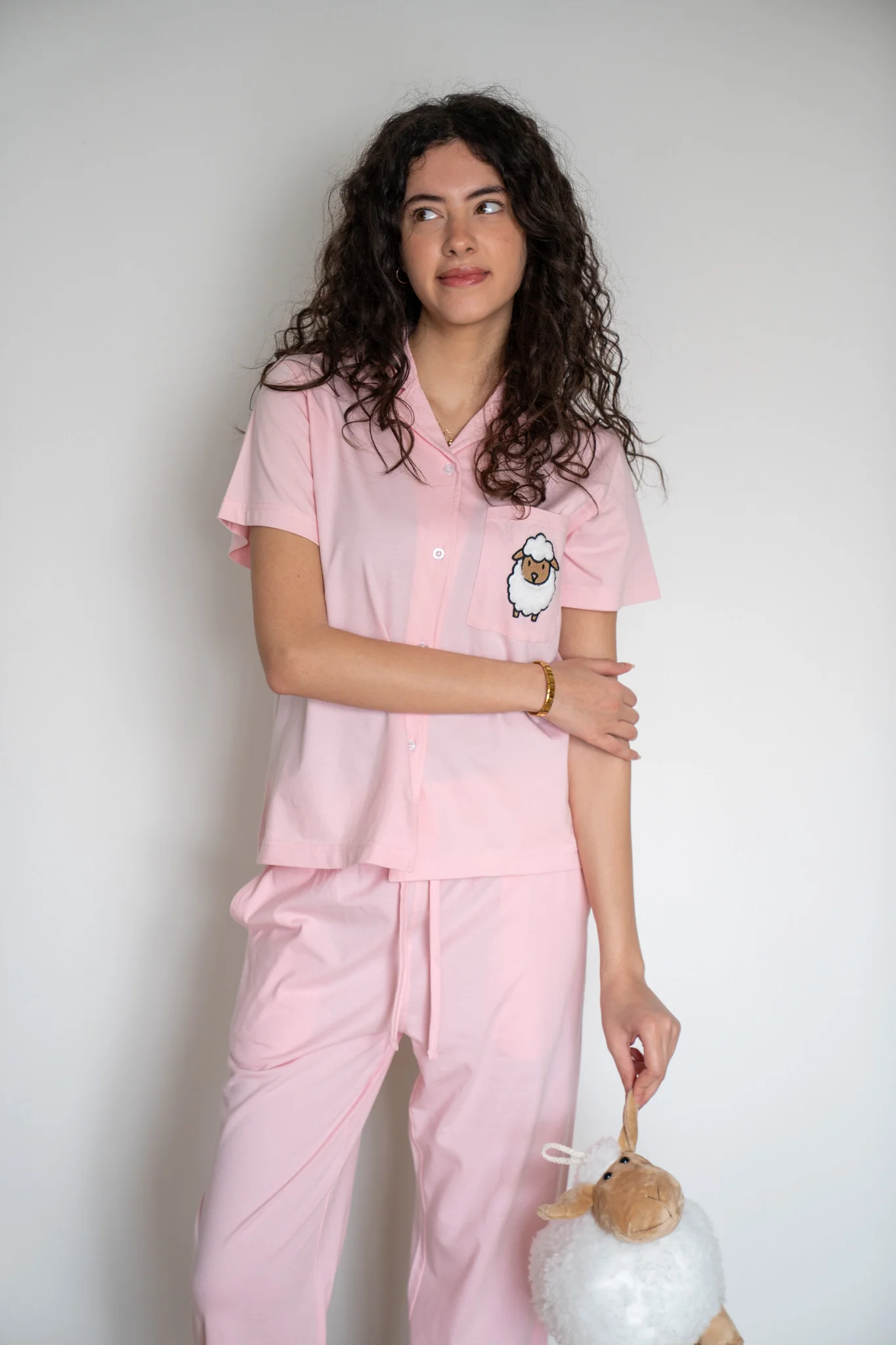 Women Summer Sheep PJ Set Rose Buttoned Shirt + Pants - Image 5