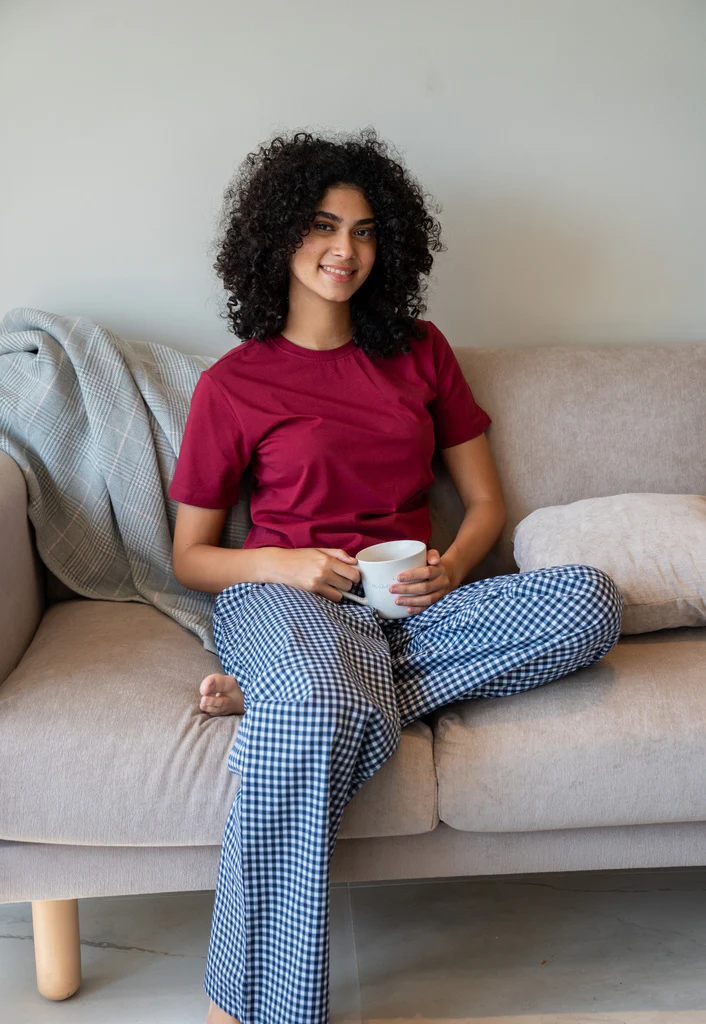Women summer pajama set Dark Red T-shirt + Dark Bkue X White Checkered Pants
