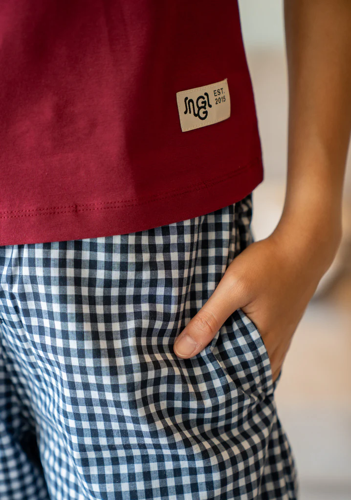 Women summer pajama set Dark Red T-shirt + Dark Bkue X White Checkered Pants - Image 2