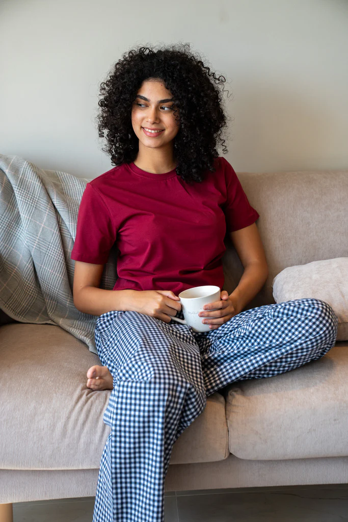 Women summer pajama set Dark Red T-shirt + Dark Bkue X White Checkered Pants - Image 3