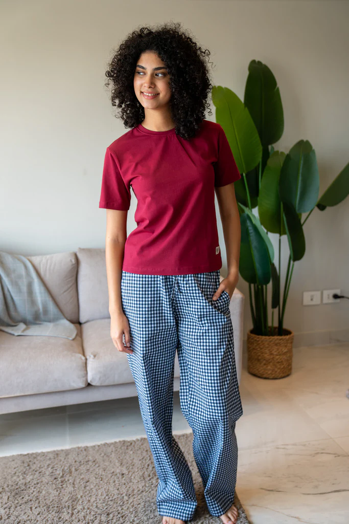 Women summer pajama set Dark Red T-shirt + Dark Bkue X White Checkered Pants - Image 4