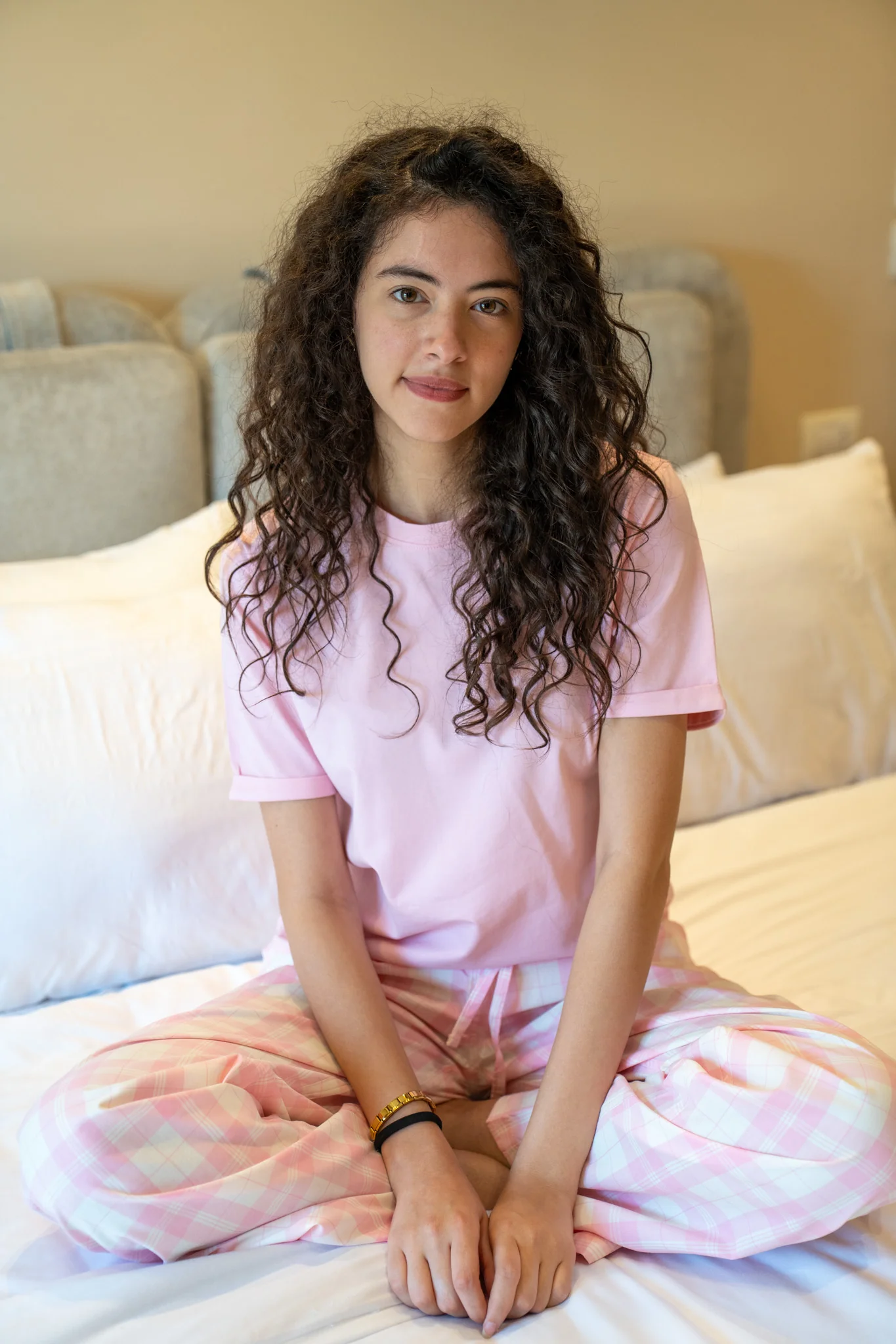 Women summer pajama set Rose T-shirt + Pink Poker Plaid Pants - Image 2