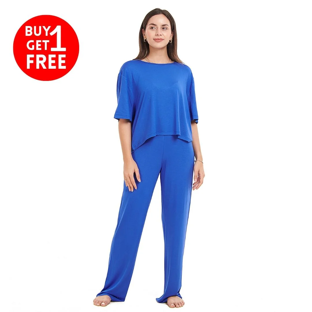 Women summer pajama set Royal Blue Cropped top + pants