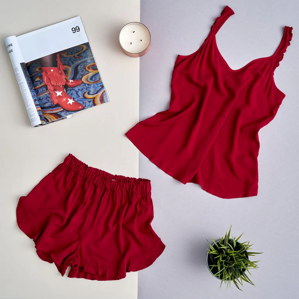 Women summer pajama set ruffles straps Burgundy shoulders ruffles top + ruffles shorts