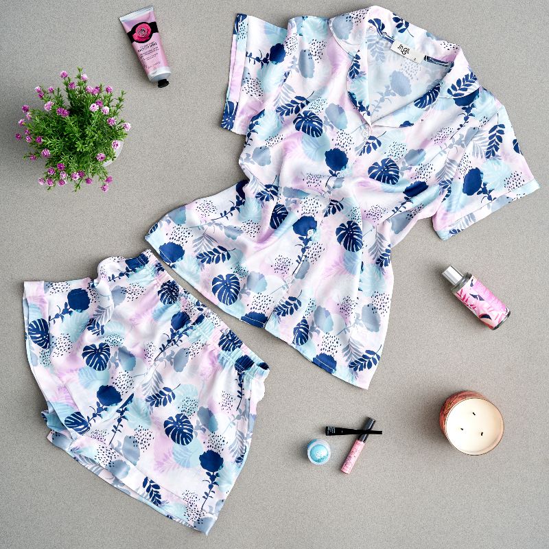 Women summer satin pajama set Seamless floral pattern buttoned shirt +short