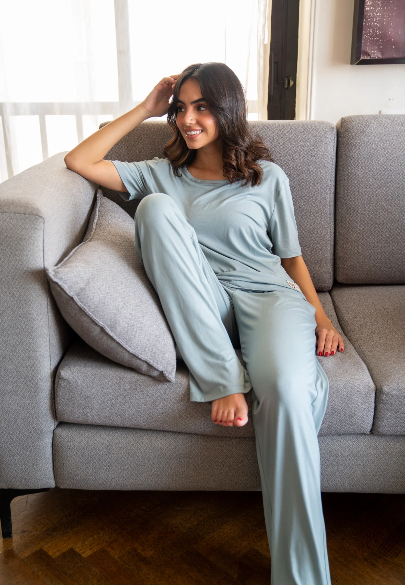 Women summer pajama set Tinted aqua shirt + Pants - Image 3