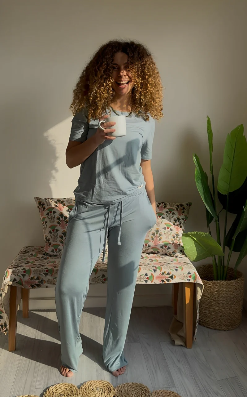 Women summer pajama set Tinted aqua shirt + Pants - Image 7