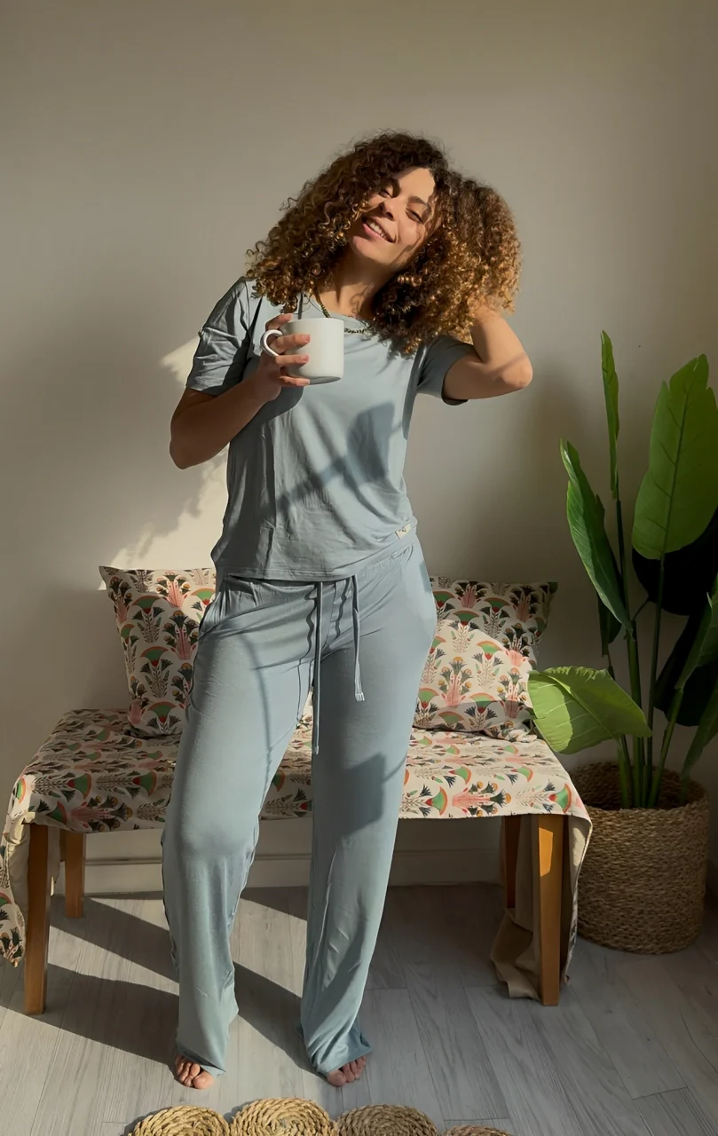 Women summer pajama set Tinted aqua shirt + Pants - Image 8