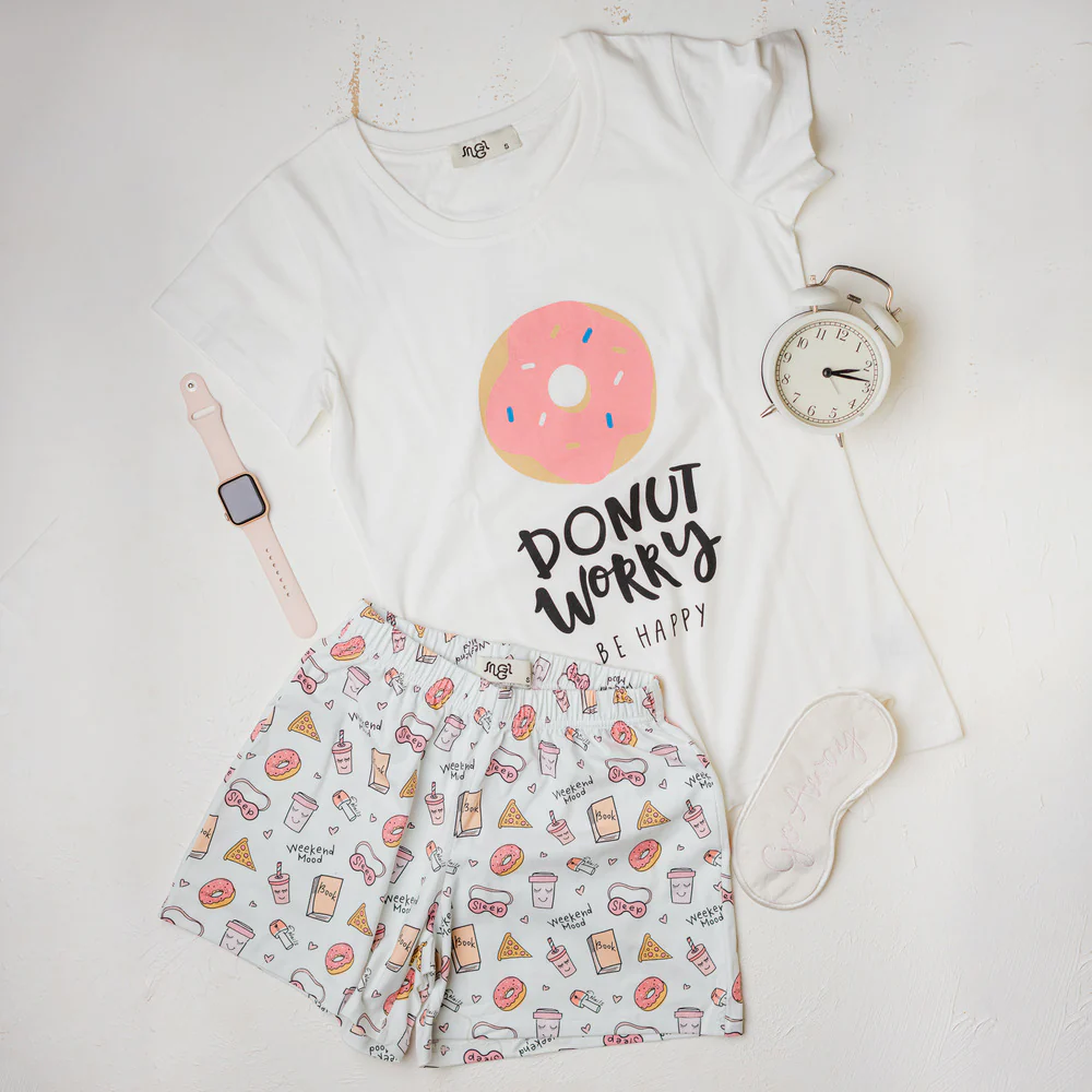 Women summer pajama set White Donuts t-shirt + shorts