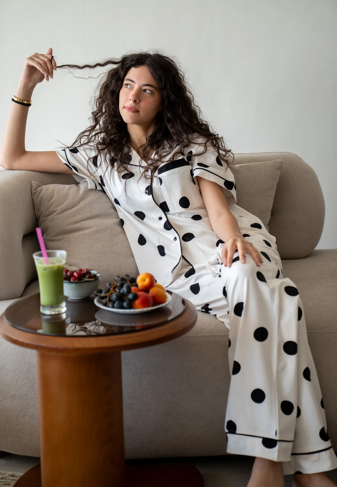 Women Summer Pajama Set White Polka Dots buttoned shirt + pants