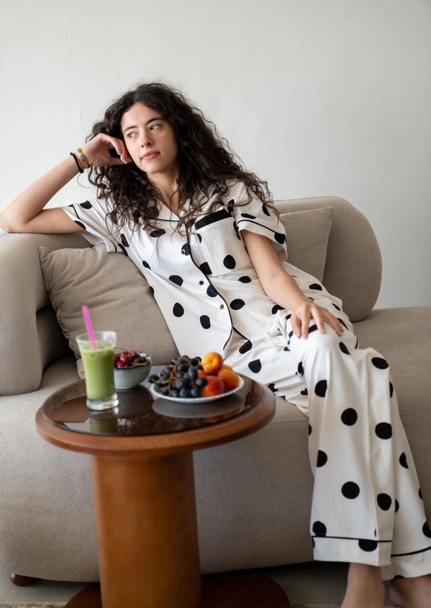 Women Summer Pajama Set White Polka Dots buttoned shirt + pants - Image 2