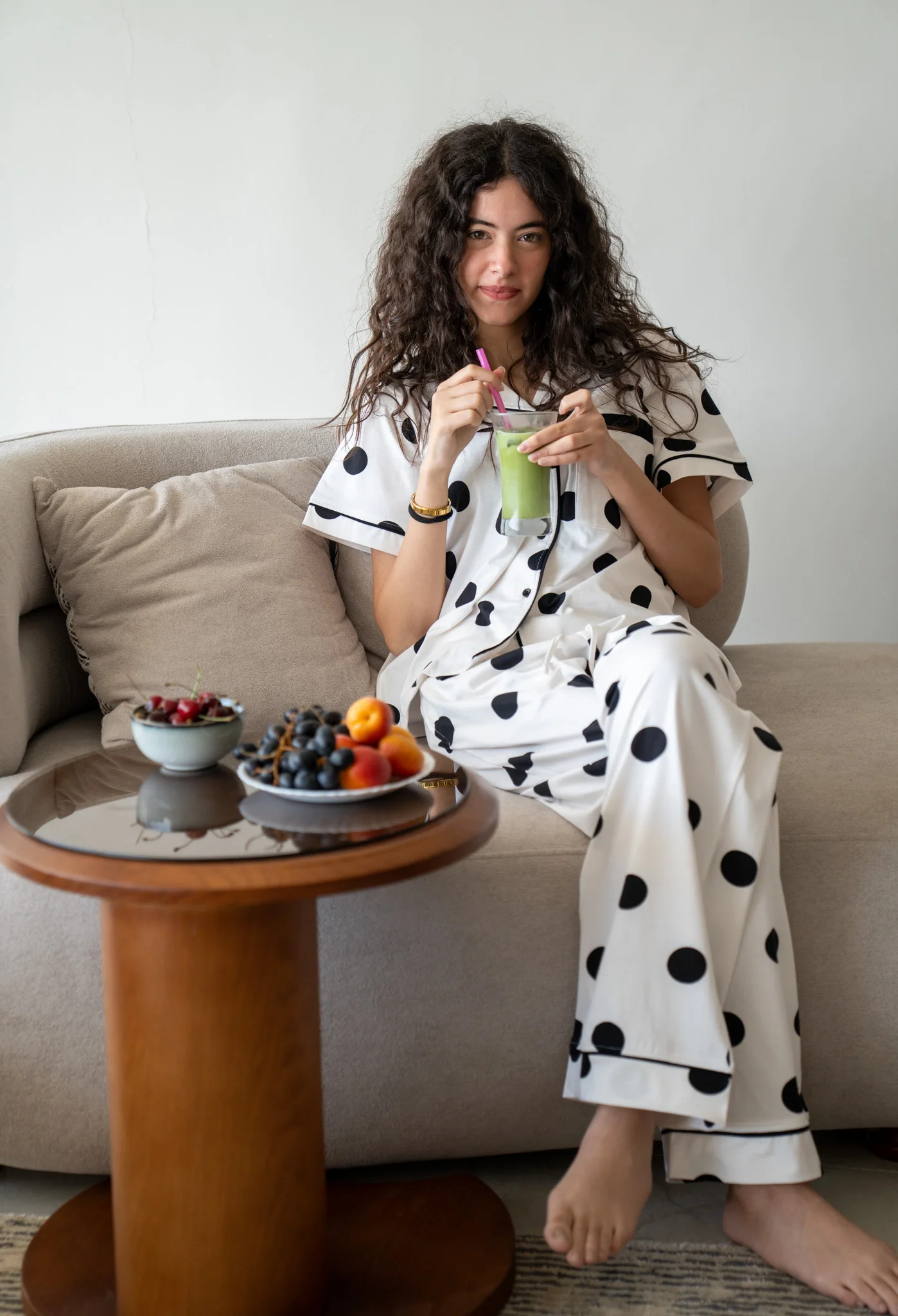 Women Summer Pajama Set White Polka Dots buttoned shirt + pants - Image 3