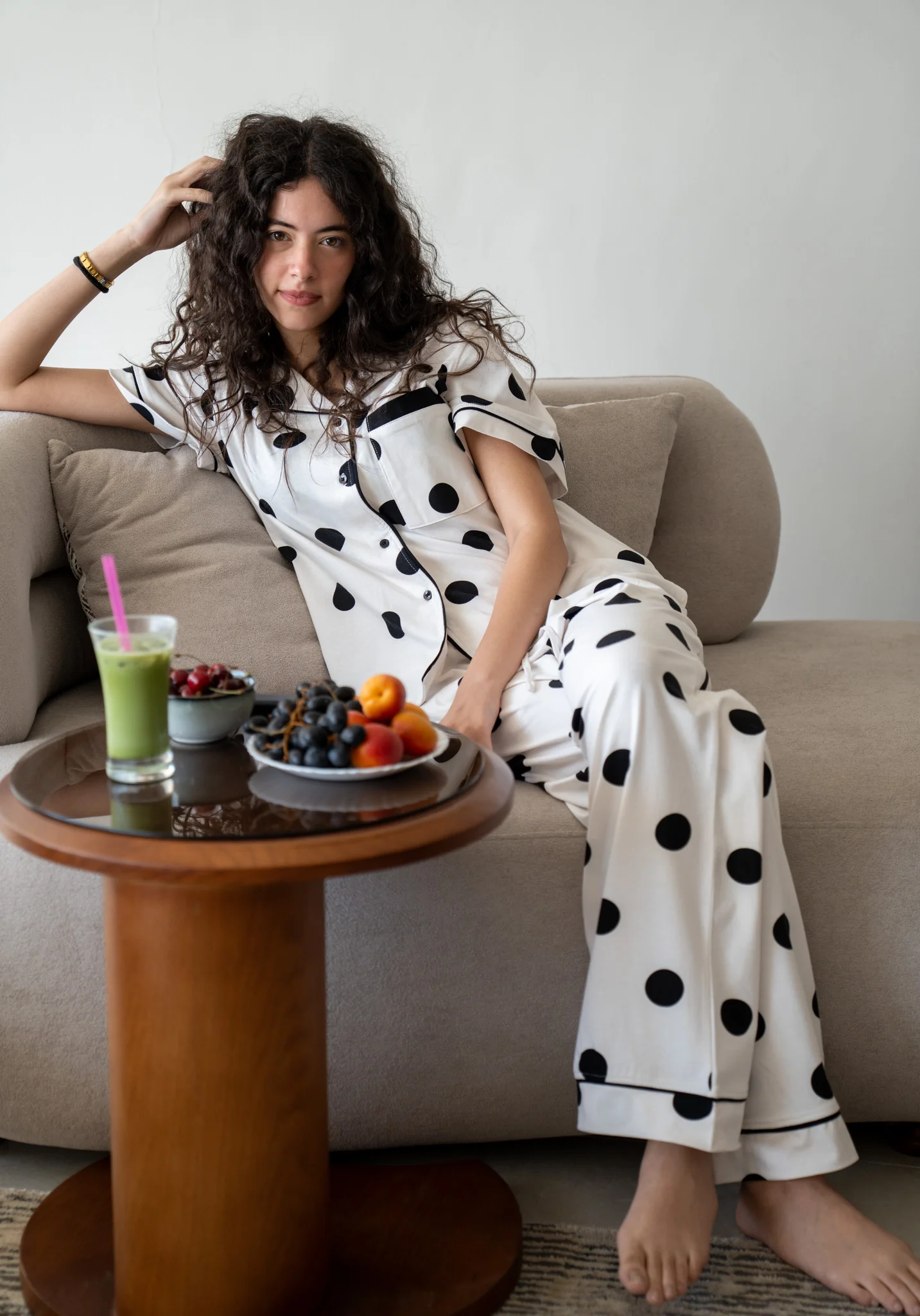 Women Summer Pajama Set White Polka Dots buttoned shirt + pants - Image 4