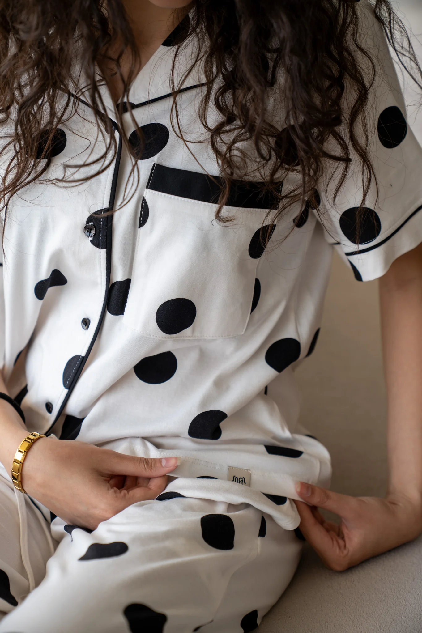 Women Summer Pajama Set White Polka Dots buttoned shirt + pants - Image 5