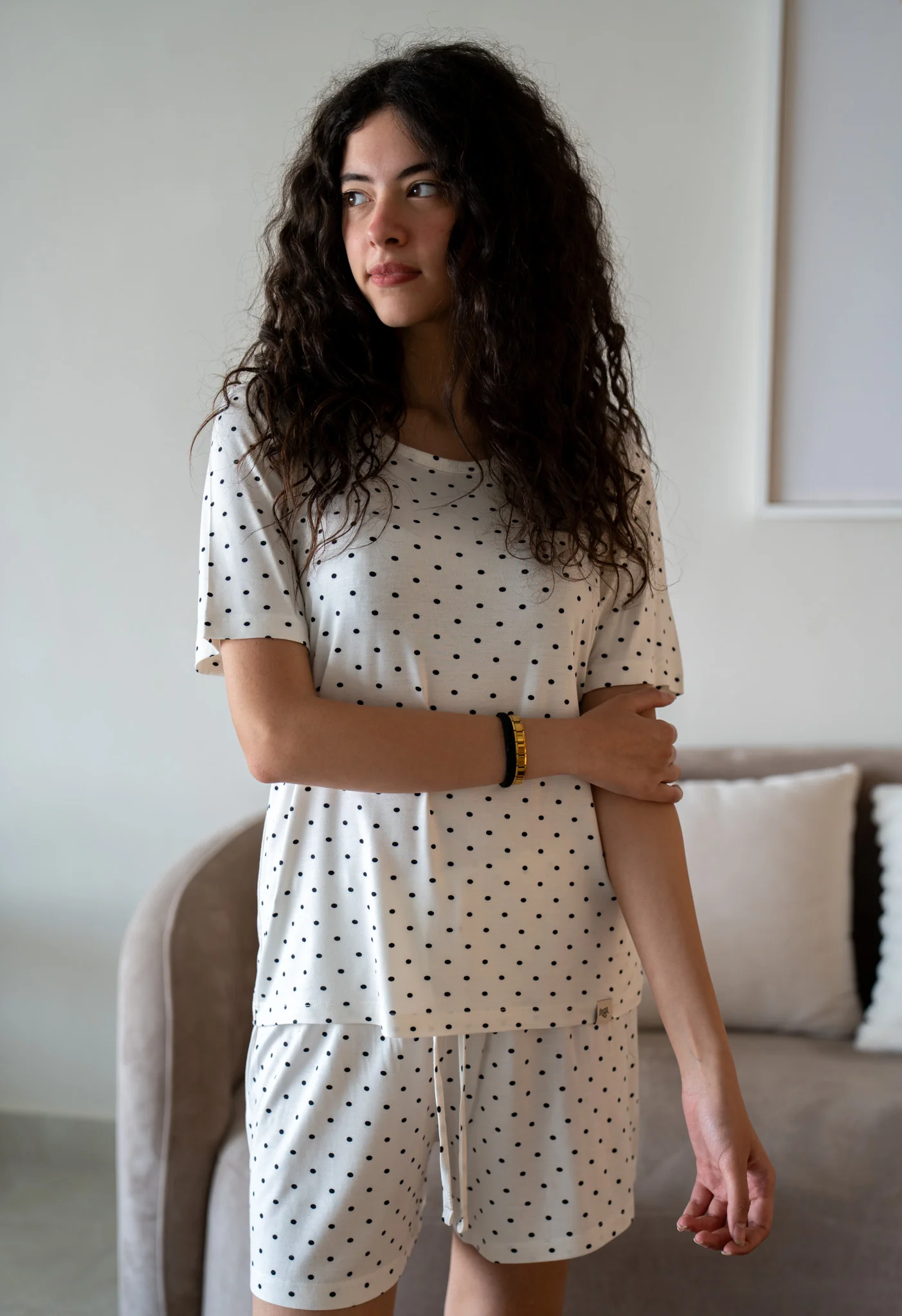 Women Summer Pajama set White Polka Dots T-shirt + Shorts
