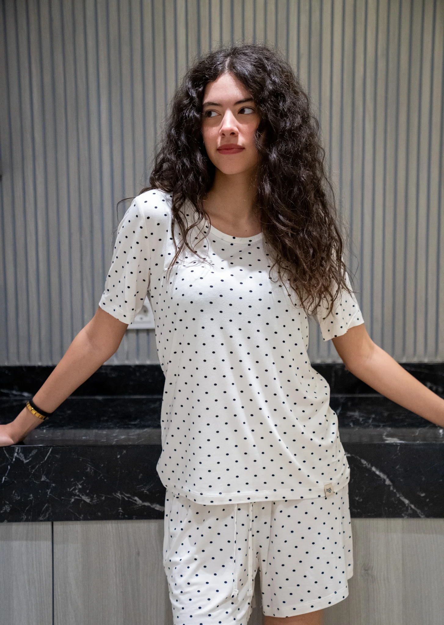 Women Summer Pajama set White Polka Dots T-shirt + Shorts - Image 2