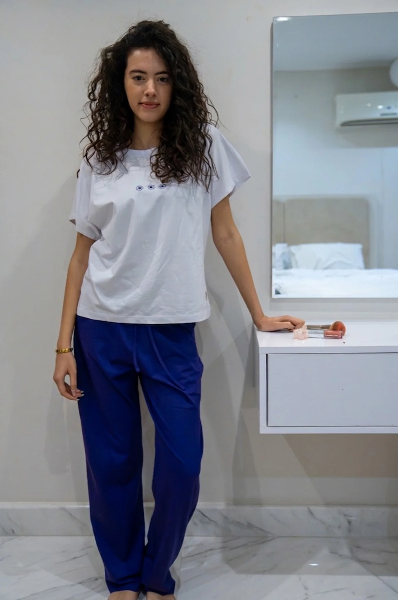 Women summer pajama set White T-shirt + Dark Purple Pants - Image 2