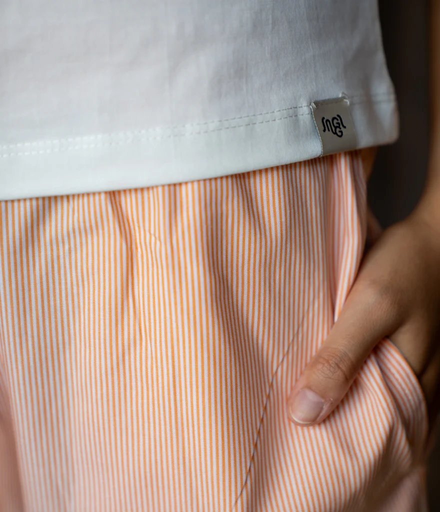 Women summer pajama set White T-shirt + White X Orange Striped Pants - Image 2