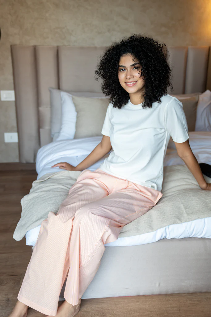 Women summer pajama set White T-shirt + White X Orange Striped Pants - Image 4