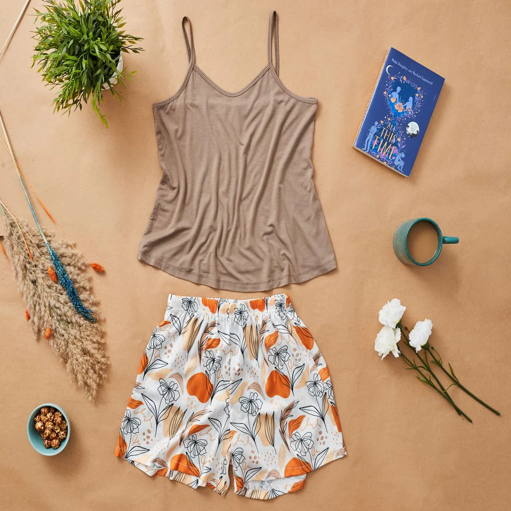 Women summer satin pajama set Cafe Top +Cafe x Orange shorts
