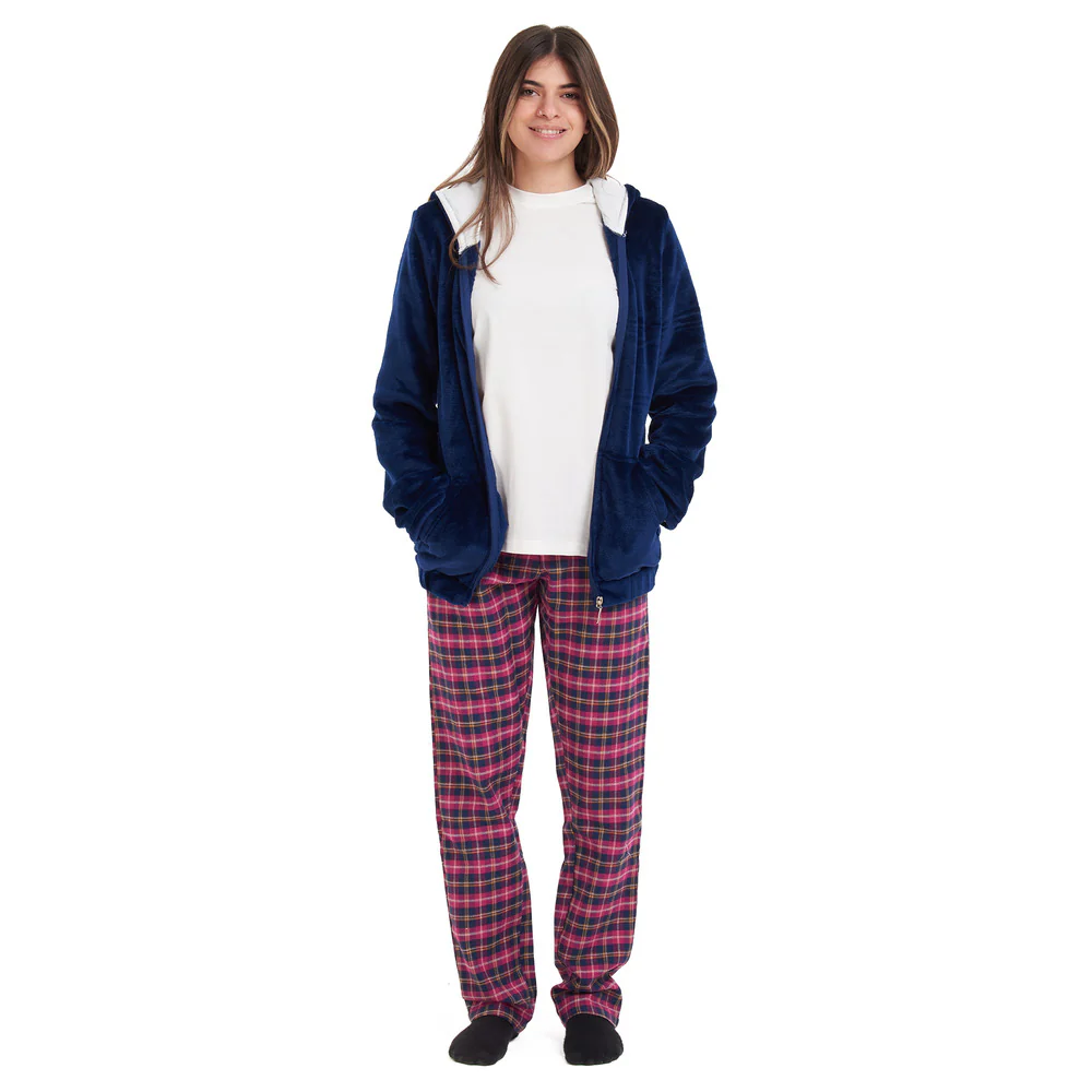 Women Winter Pajama 3 PCS Set Dark blue Sweatshirt +Off-white top+Fuchsia Checkered Pants