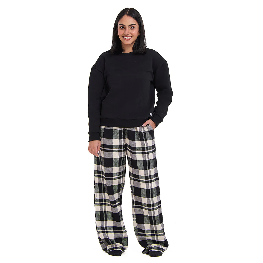 Women Winter Pajama Set Black Hoodie + Black x White Checkered Pants