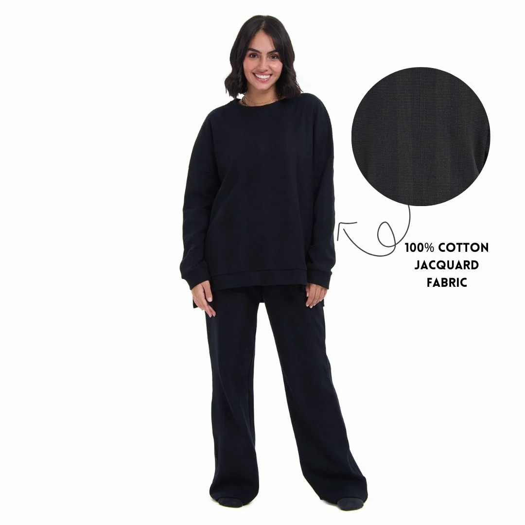 Women Winter Pajama Set Black jacquard Oversized Sweatshirt + Pants
