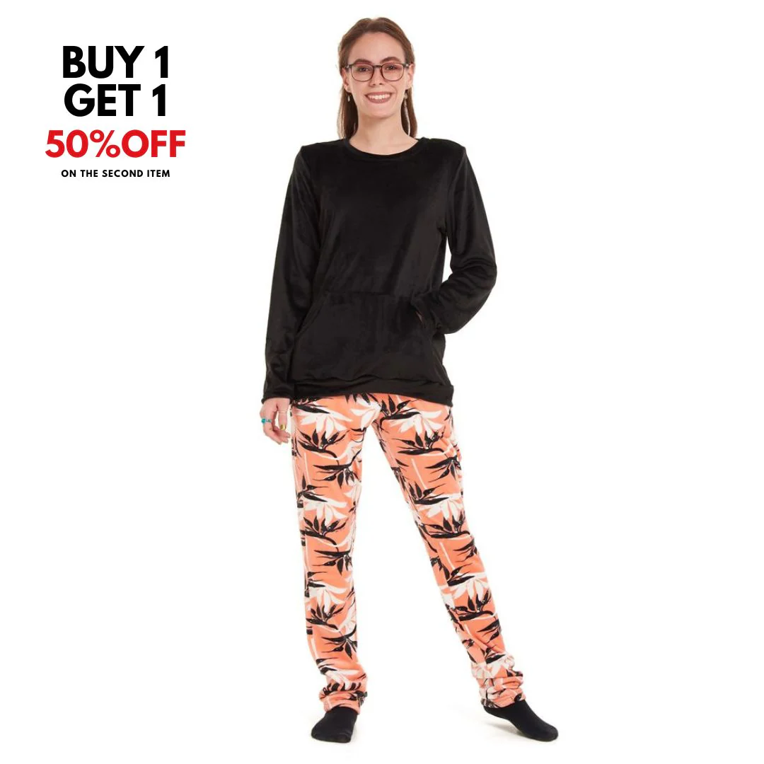 Women Winter Pajama Set Black Sweatshirt +Orange leaves Pants