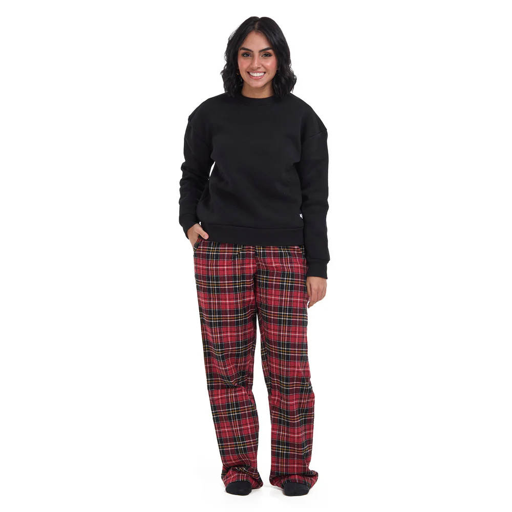 Women Winter Pajama Set Black Sweatshirt + Red x Black Checkered Pants