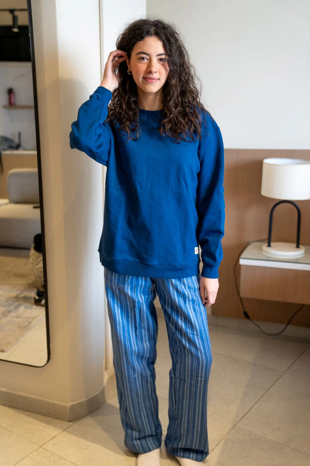 Women Winter Pajama Set Dark Blue Top+ Dark Blue X Light Blue Striped Pants