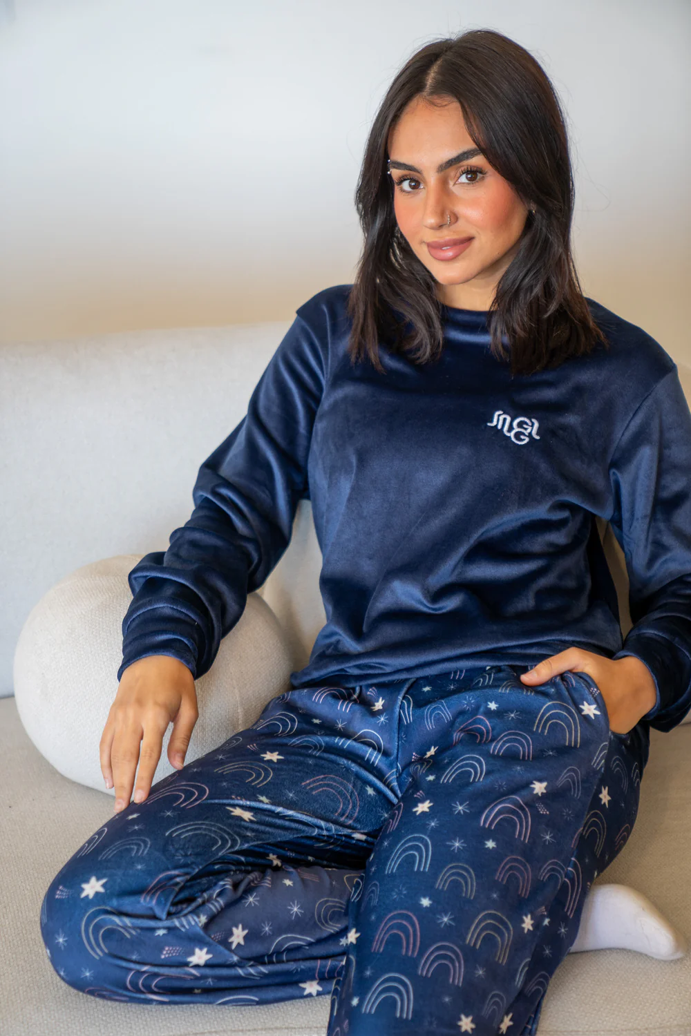 Women Winter Pajama Set Dark Blue Top + Stars Pants