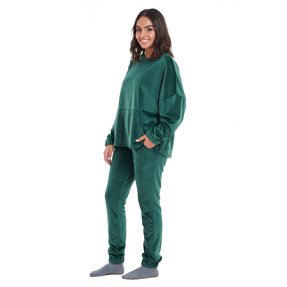 Women Winter Pajama Set Dark green Sweatshirt + Pants