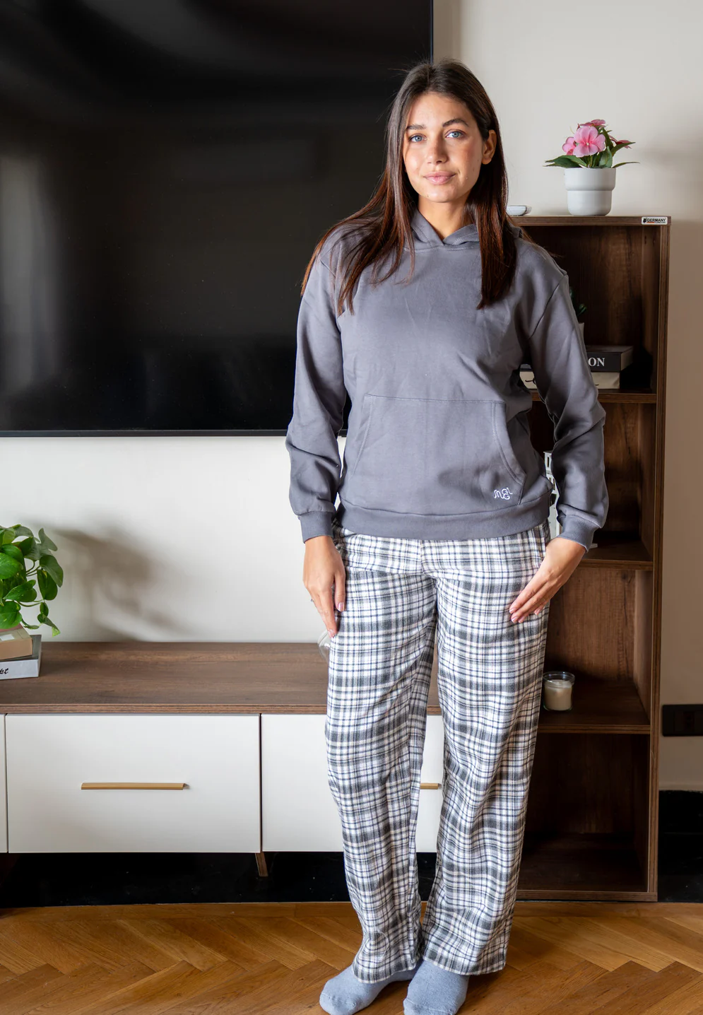 Women Winter Pajama Set Dark Grey Hoodie + Dark Grey X White Checkered  Pants - Image 2