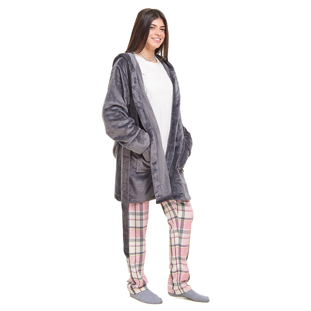 Women Winter Pajama Set Dark Grey Robe + Pink x Dark Grey Checkered Pants