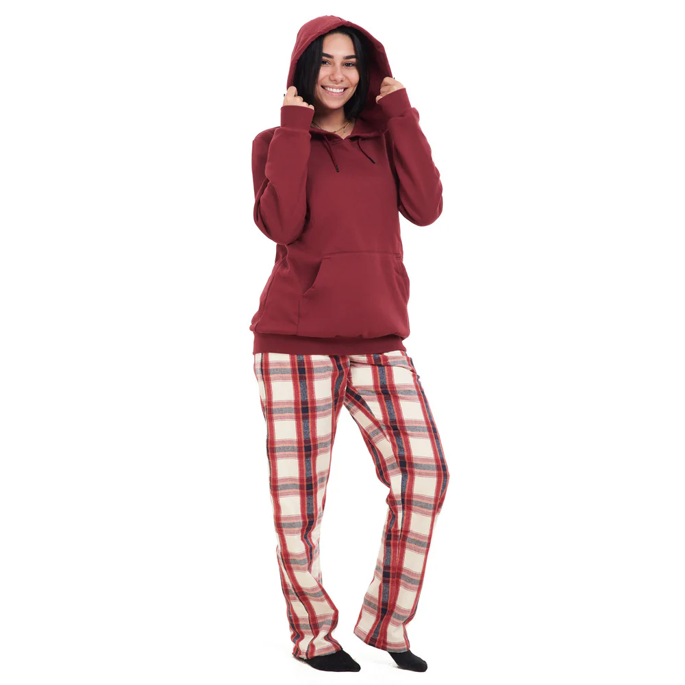 Women Winter Pajama Set Dark Red Hoodie + Dark Red x White Checkered Pants