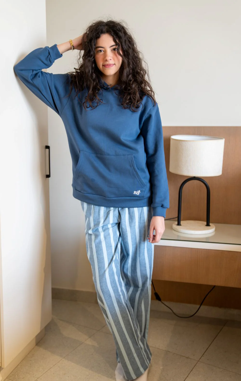 Women Winter Pajama Set Indigo Hoodie + Navy X Light Blue Striped Pants