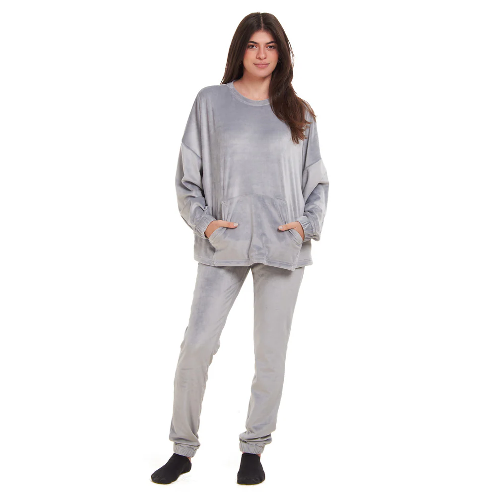 Women Winter Pajama Set Light Grey Sweatshirt + Pants