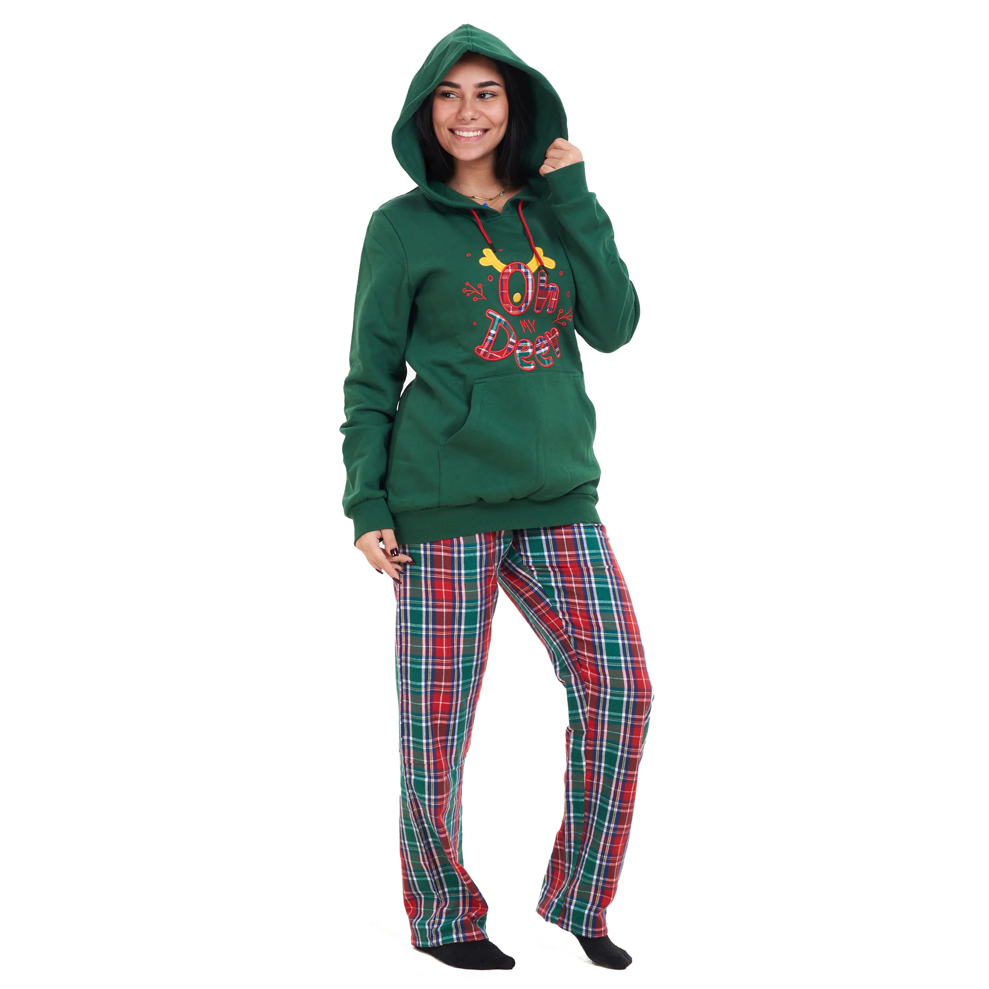 Women Winter Pajama Set Oh Deer Hoodie + Red x Green Checkered Pants