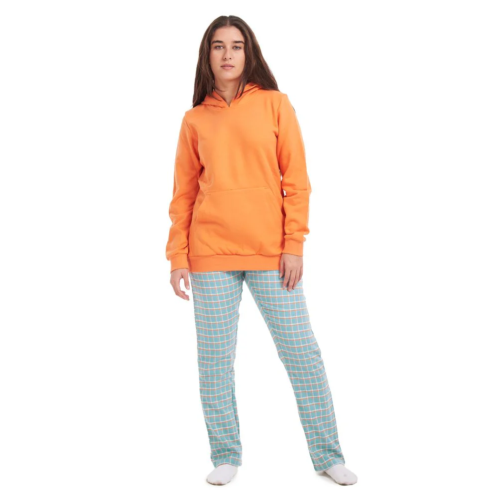 Women Winter Pajama Set Orange Sweatshirt + Pistache Checkered Pants