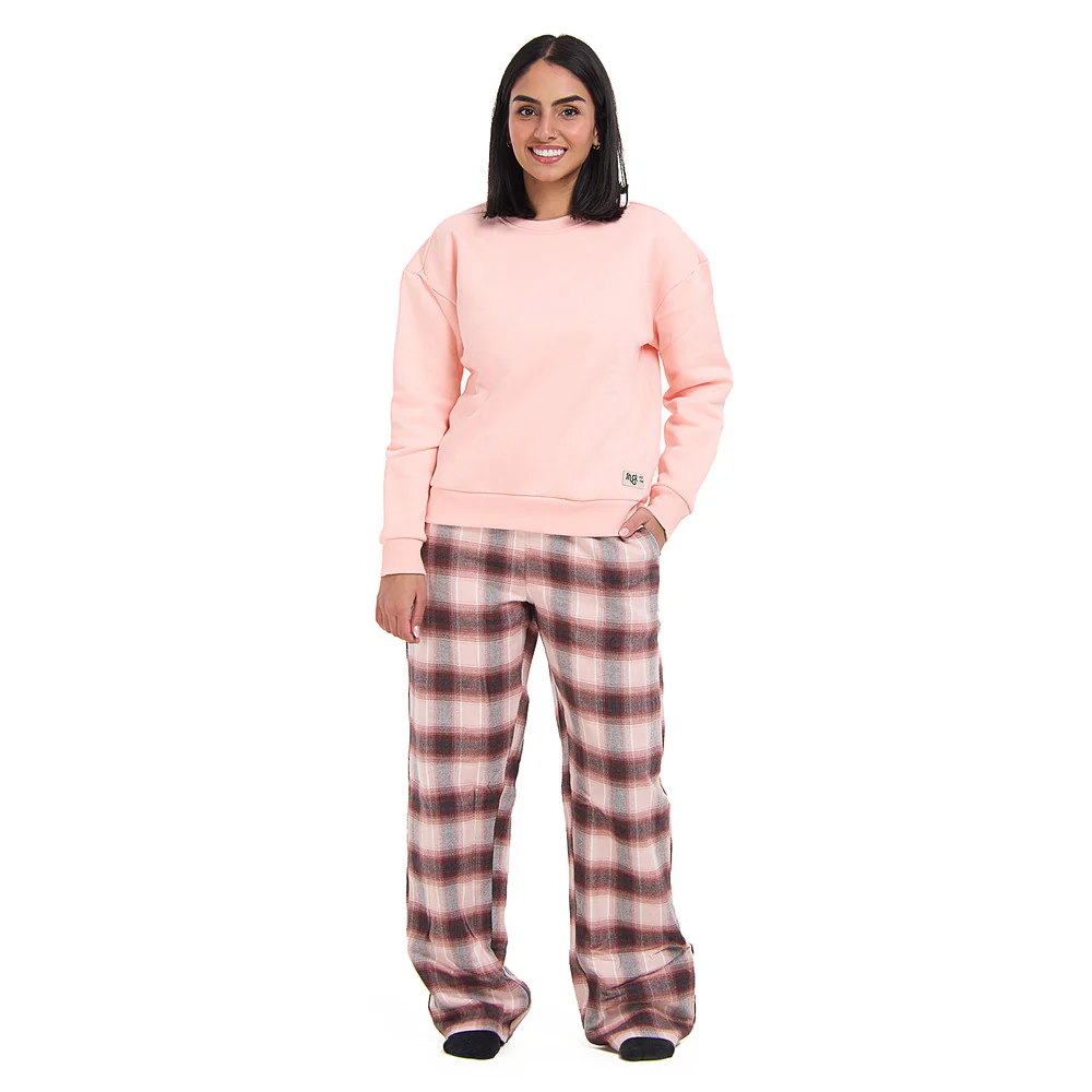 Women Winter Pajama Set Rose Sweatshirt + Rose x Dark Grey Checkered Pants